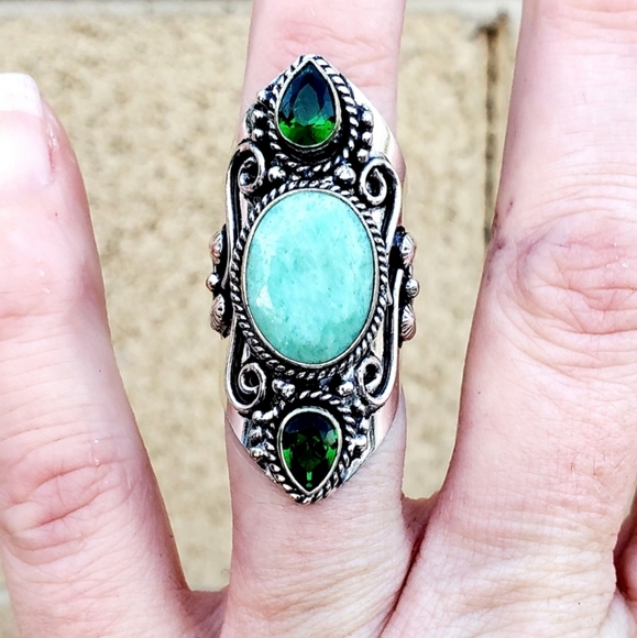 New Huge Chrysoprase and Peridot 925 Silver Statement Ring. - Picture 5 of 16